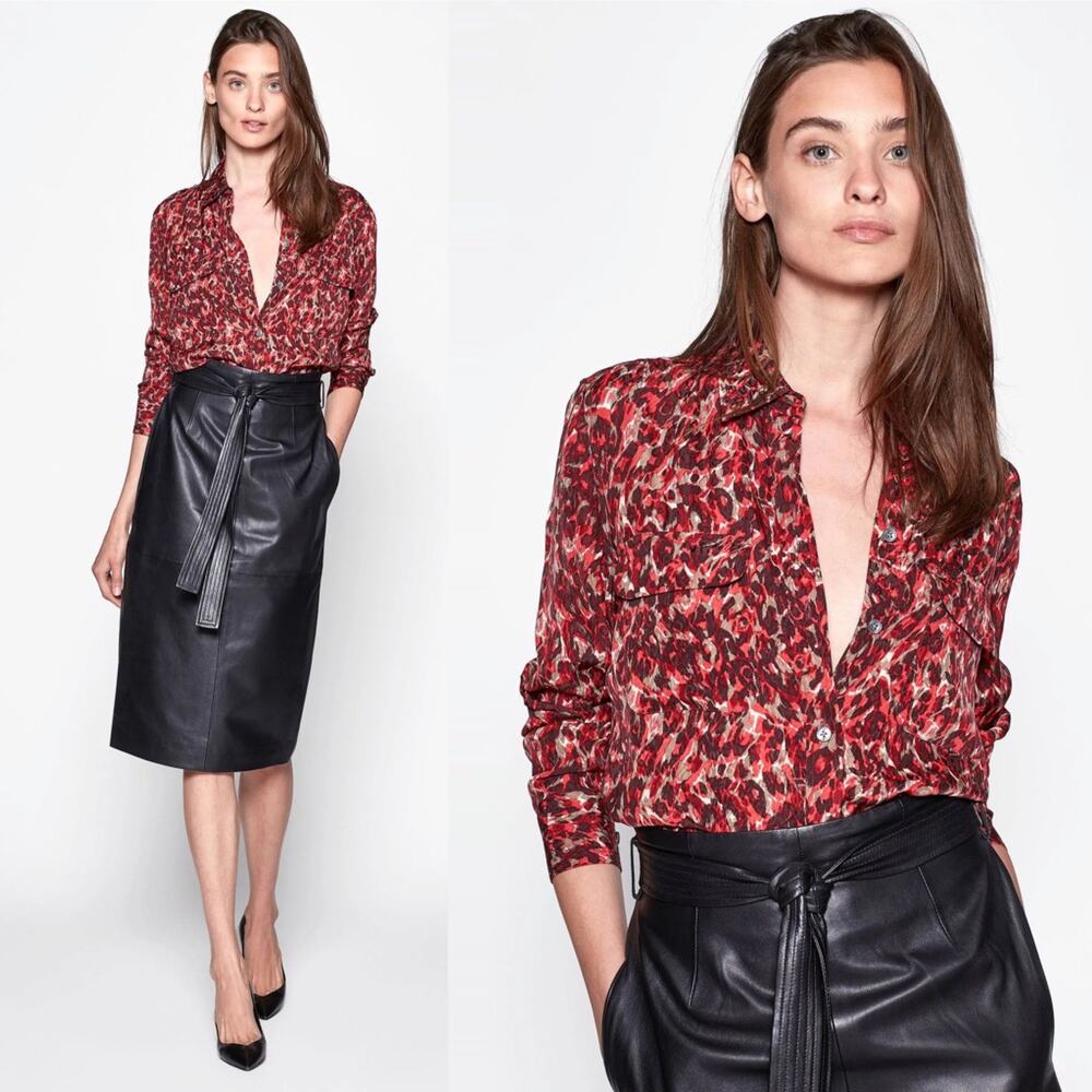 Equipment Femme Slim Signature Button Up Shirt Womens XL Merlot Abstract Leopard